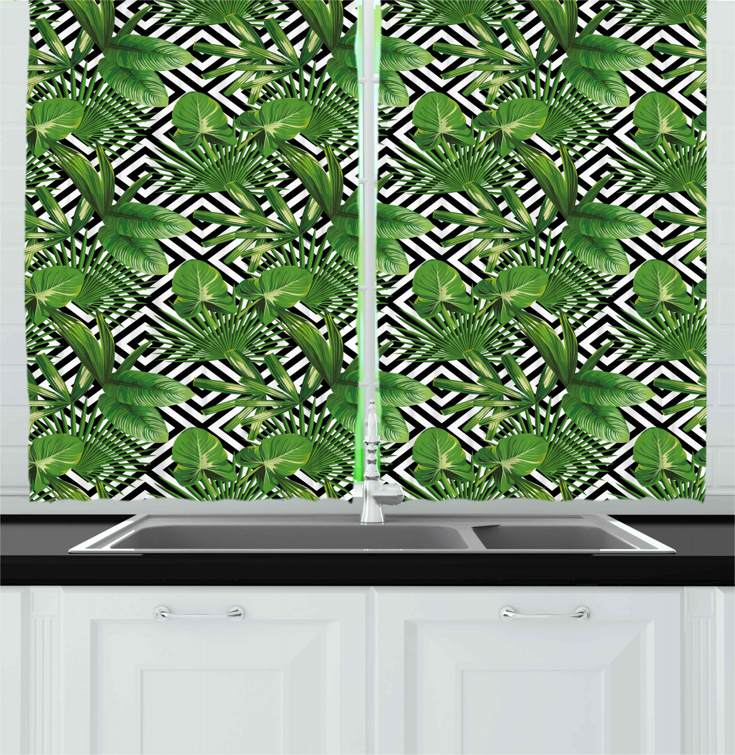 Tropical Leaf Kitchen Curtains 2 Panel Set Window Drapes 55" X 39" - Picture 3 of 13