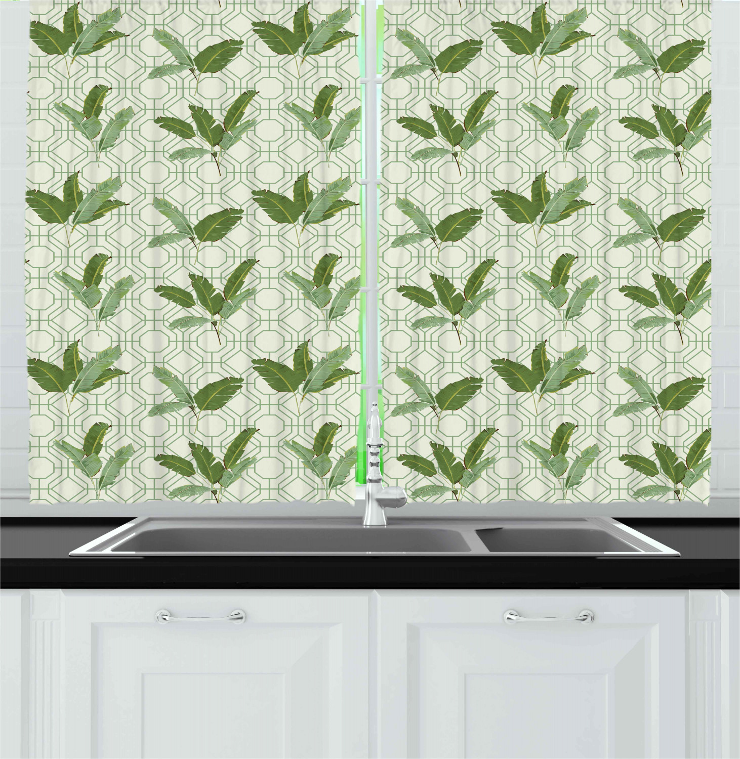 Tropical Leaf Kitchen Curtains 2 Panel Set Window Drapes 55" X 39" - Picture 4 of 13