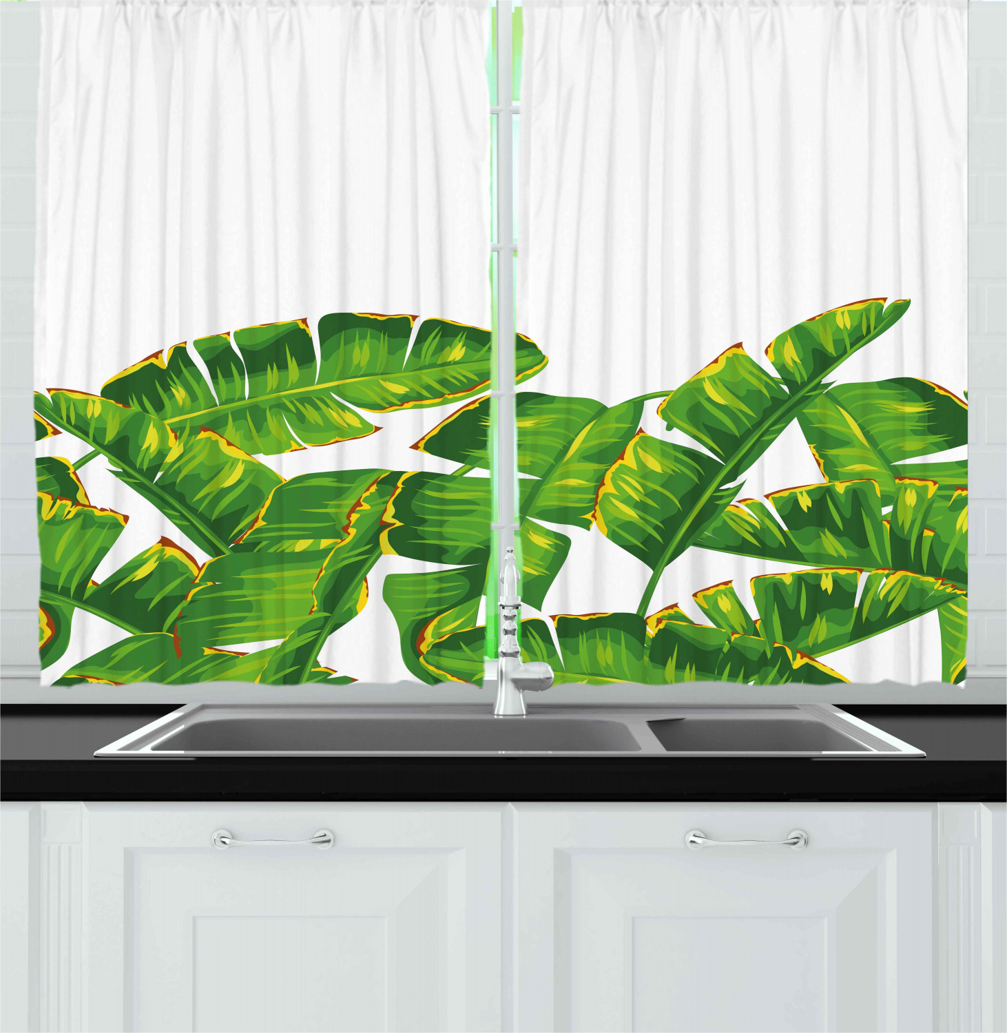 Tropical Leaf Kitchen Curtains 2 Panel Set Window Drapes 55" X 39" - Picture 8 of 13