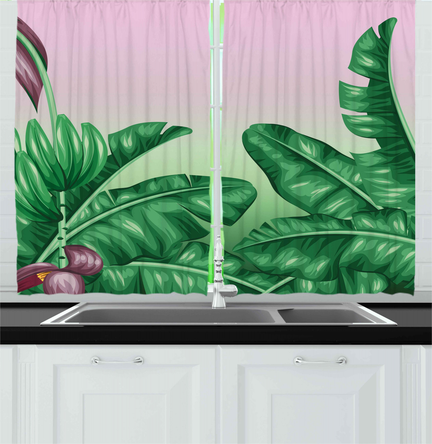 Tropical Leaf Kitchen Curtains 2 Panel Set Window Drapes 55" X 39" - Picture 12 of 13