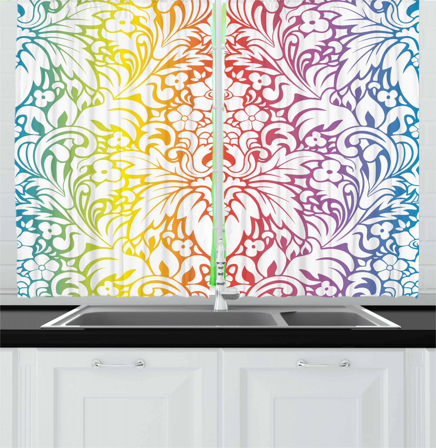 Colorful Boho Kitchen Curtains 2 Panel Set Window Drapes 55" X 39" Ambesonne - Picture 17 of 24