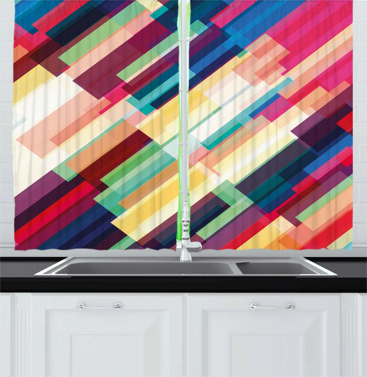 Colorful Boho Kitchen Curtains 2 Panel Set Window Drapes 55" X 39" Ambesonne - Picture 6 of 24