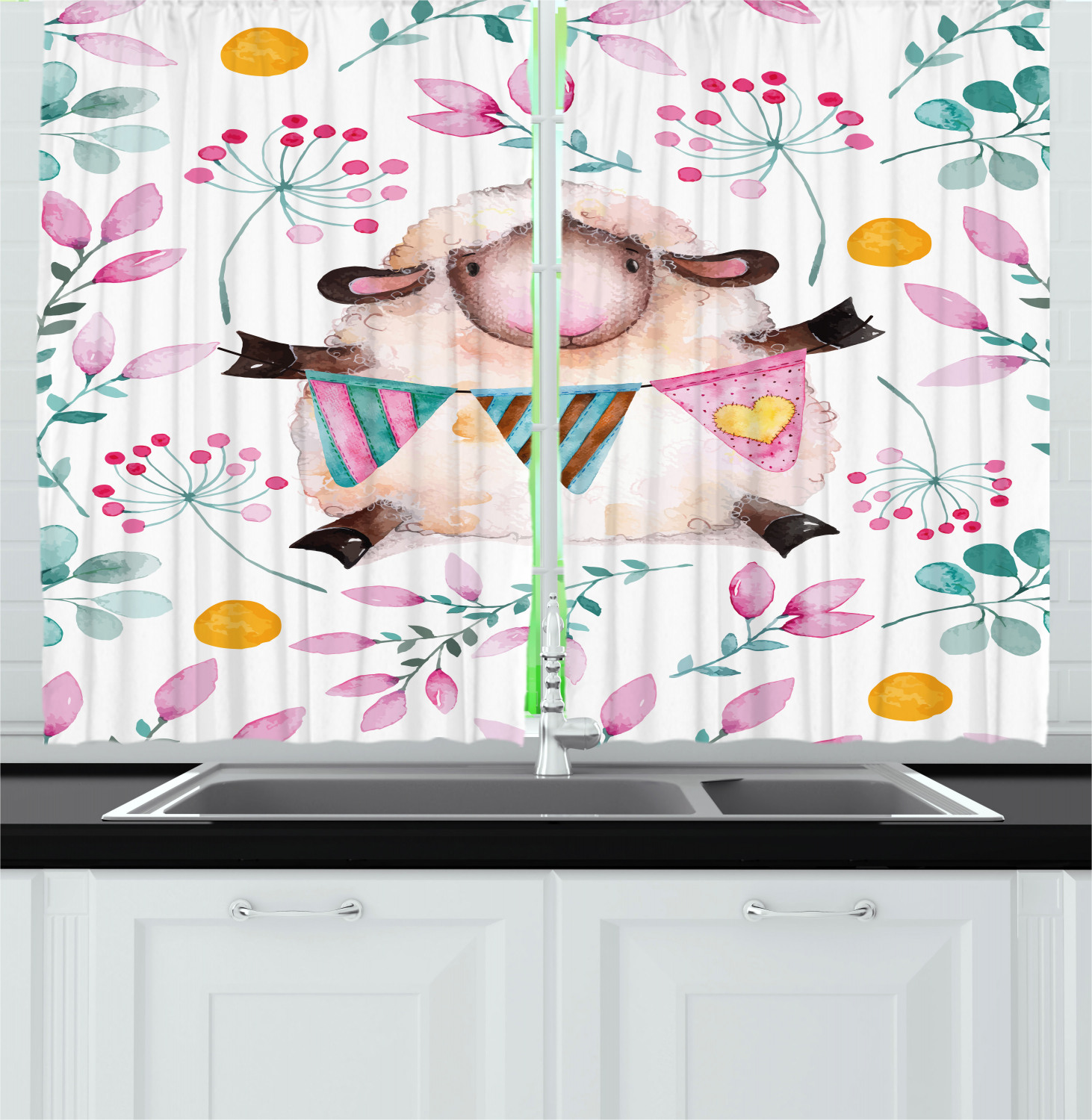 Abstract Bohemian Kitchen Curtains 2 Panel Set Window Drapes 55" X 39" Ambesonne - Picture 20 of 21