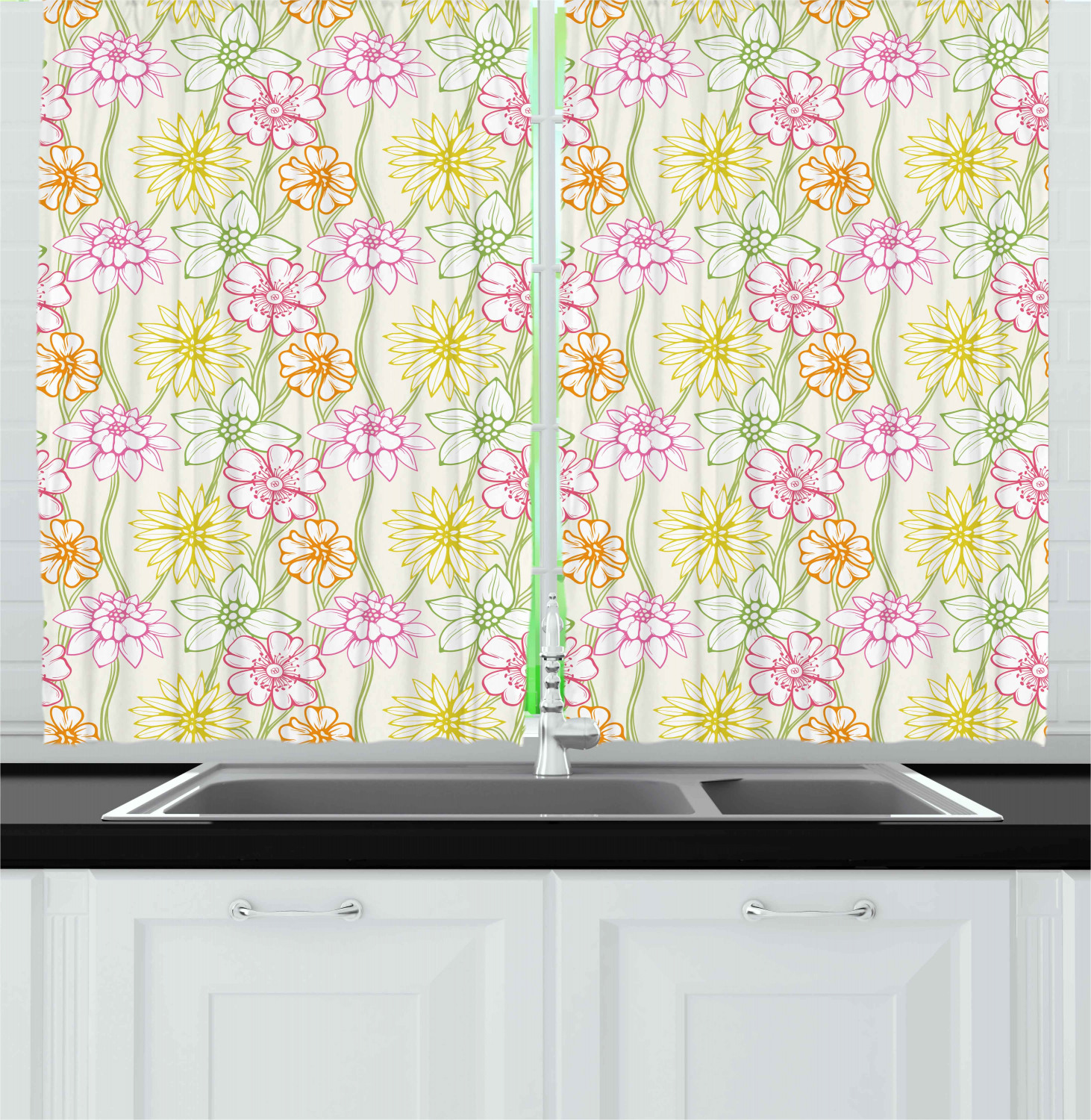 Retro Style Kitchen Curtains 2 Panel Set Window Drapes 55" X 39