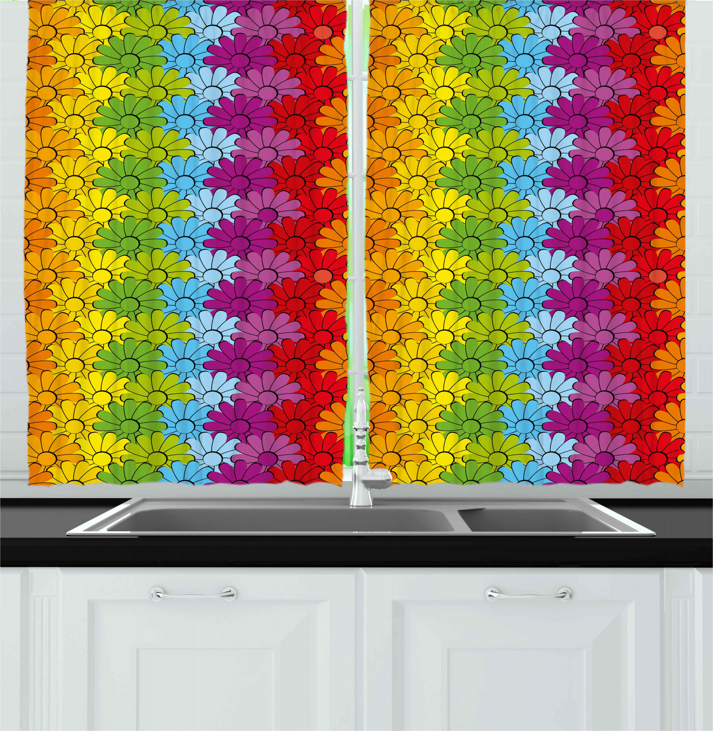 Retro Bohemian Kitchen Curtains 2 Panel Set Window Drapes 55" X 39 ...