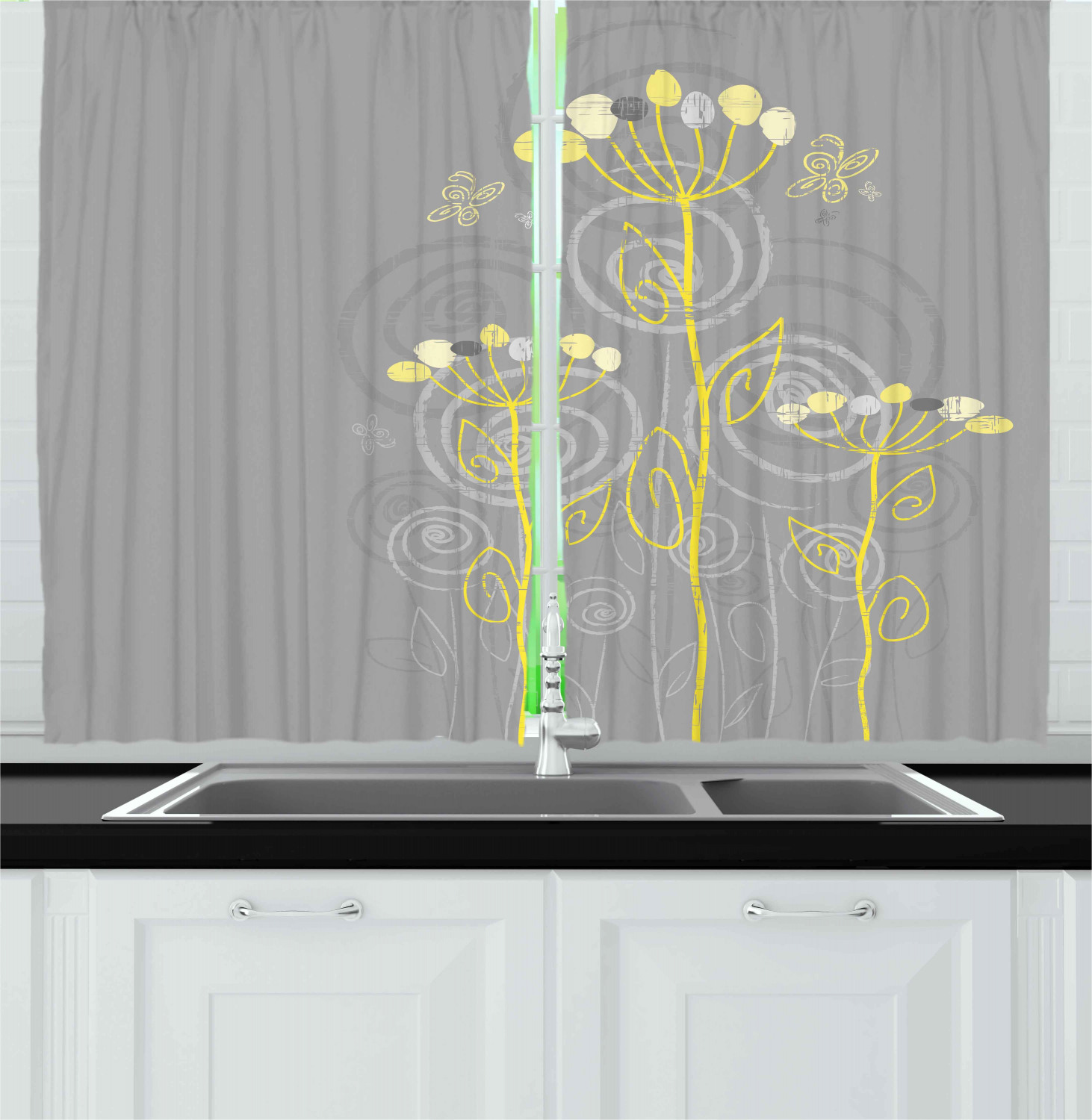 Grey And Yellow Kitchen Curtains 2 Panel Set Window Drapes 55 X 39 Ebay