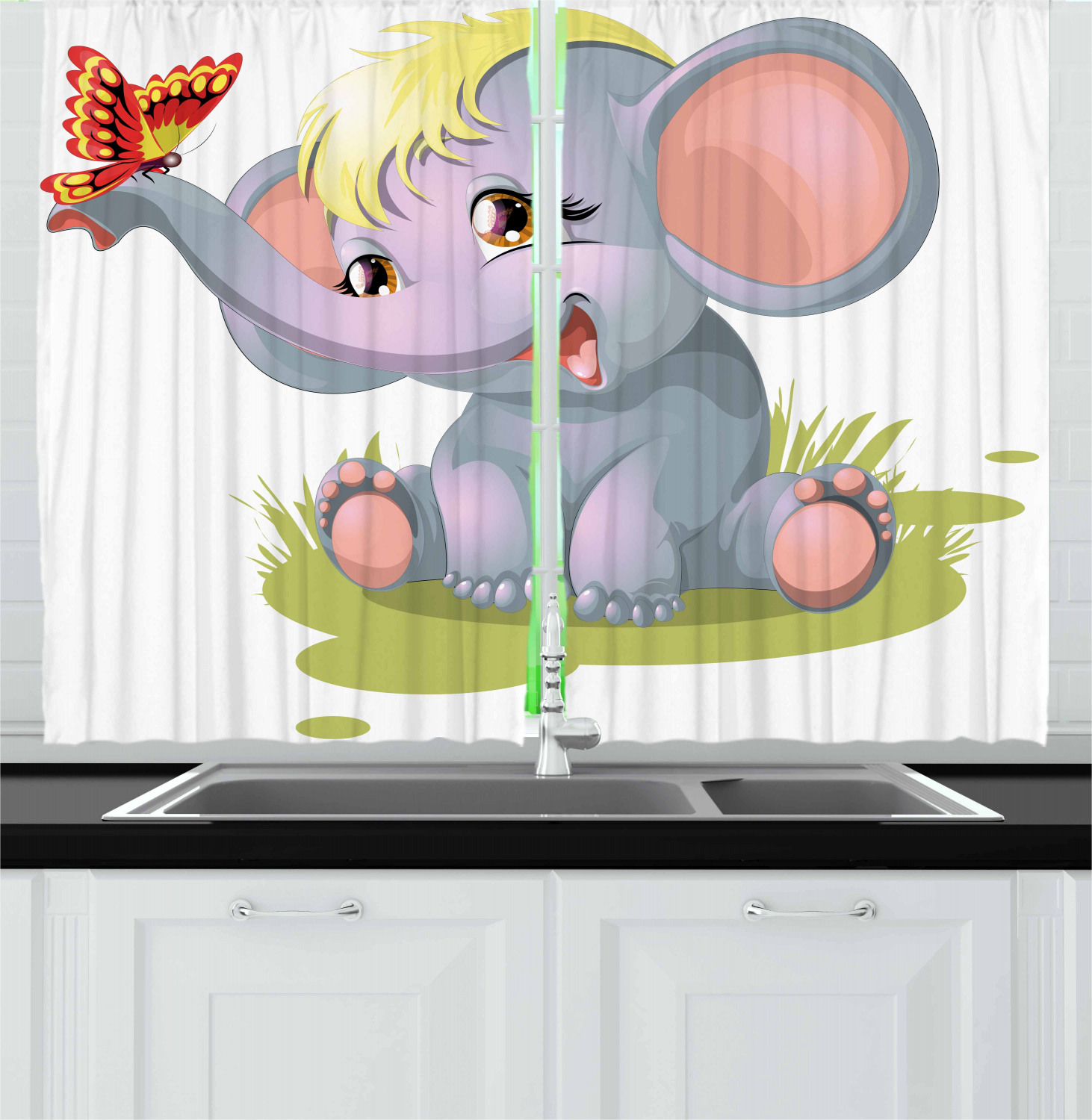 Elephant Nursery  Kitchen  Curtains 2 Panel Set  Window 