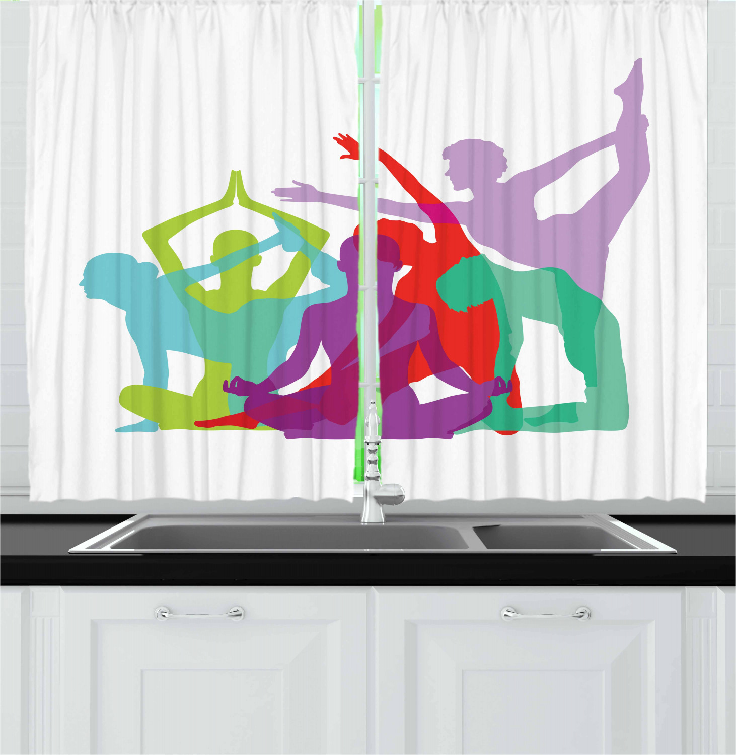 Asian Yoga Kitchen Curtains 2 Panel Set Window Drapes 55" X 39" Ambesonne - Picture 10 of 14