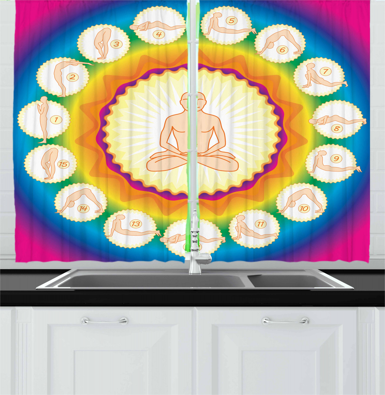 Asian Yoga Kitchen Curtains 2 Panel Set Window Drapes 55" X 39" Ambesonne - Picture 14 of 14
