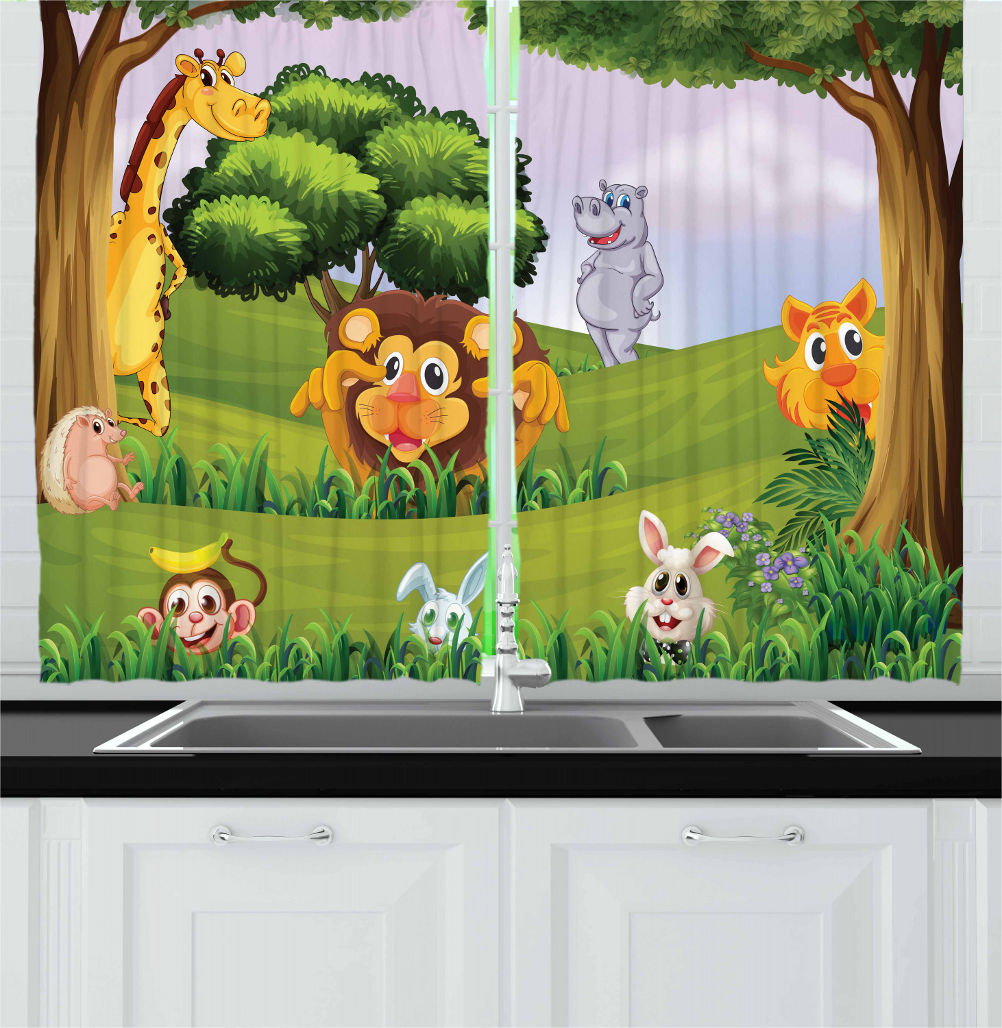 Zoo Kitchen Curtains 2 Panel Set Window Drapes 55" X 39" Ambesonne 