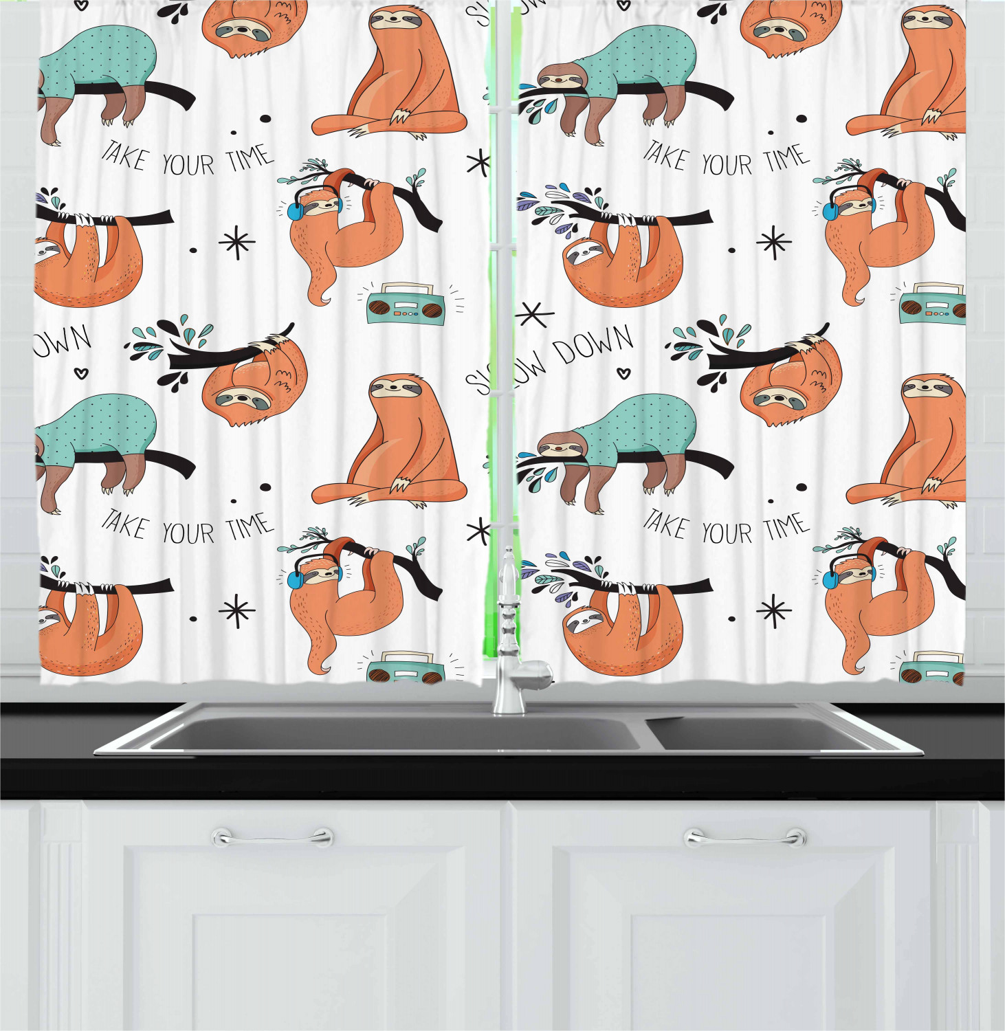 Sloth Kitchen Curtains 2 Panel Set Window Drapes 55" X 39" Ambesonne - Picture 24 of 28