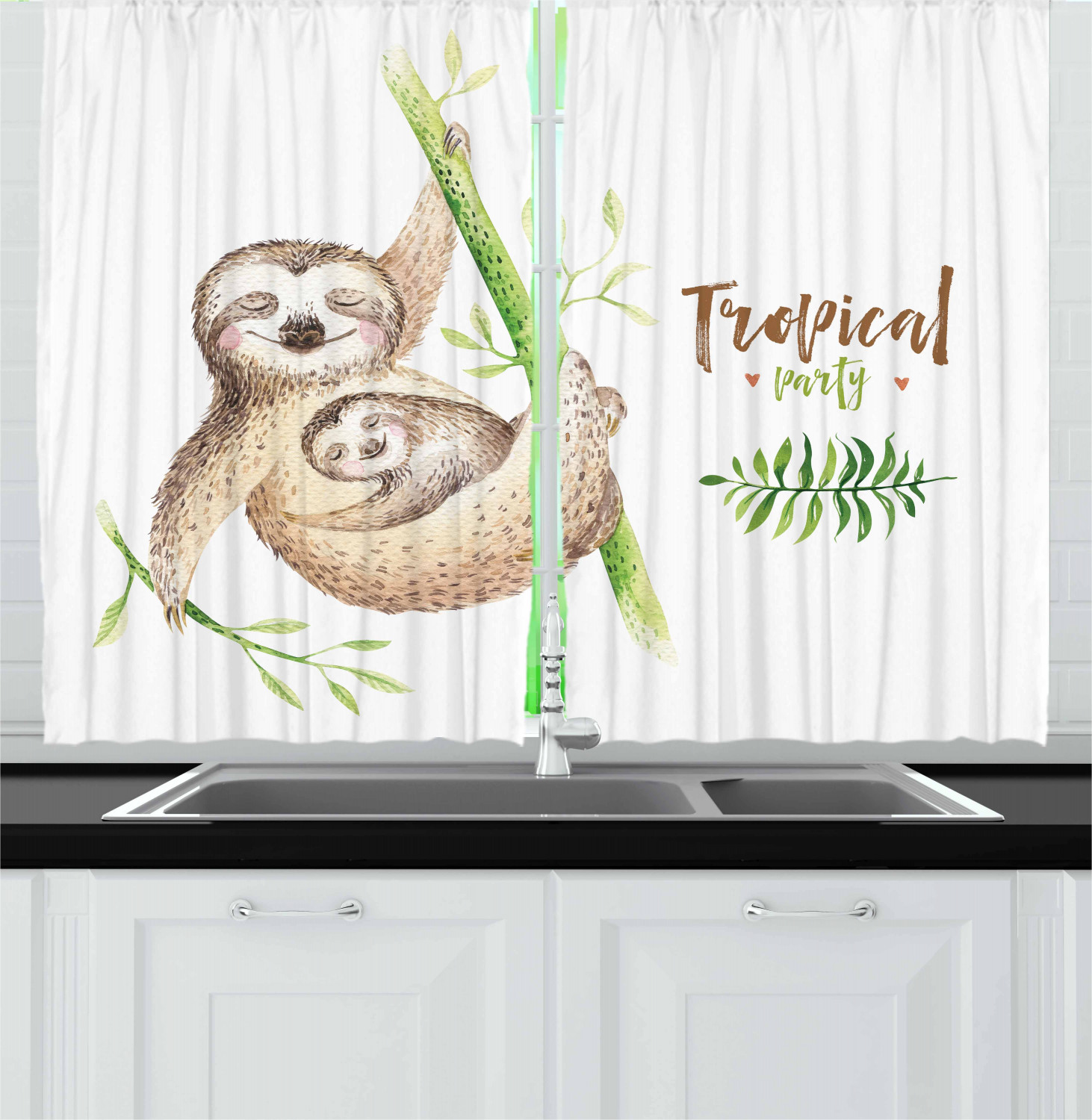 Sloth Kitchen Curtains 2 Panel Set Window Drapes 55" X 39" Ambesonne - Picture 27 of 28