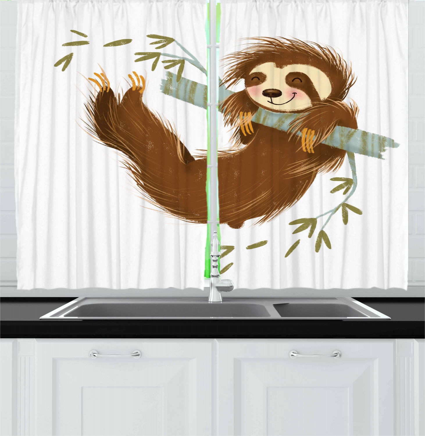 Sloth Kitchen Curtains 2 Panel Set Window Drapes 55" X 39" Ambesonne - Picture 3 of 28