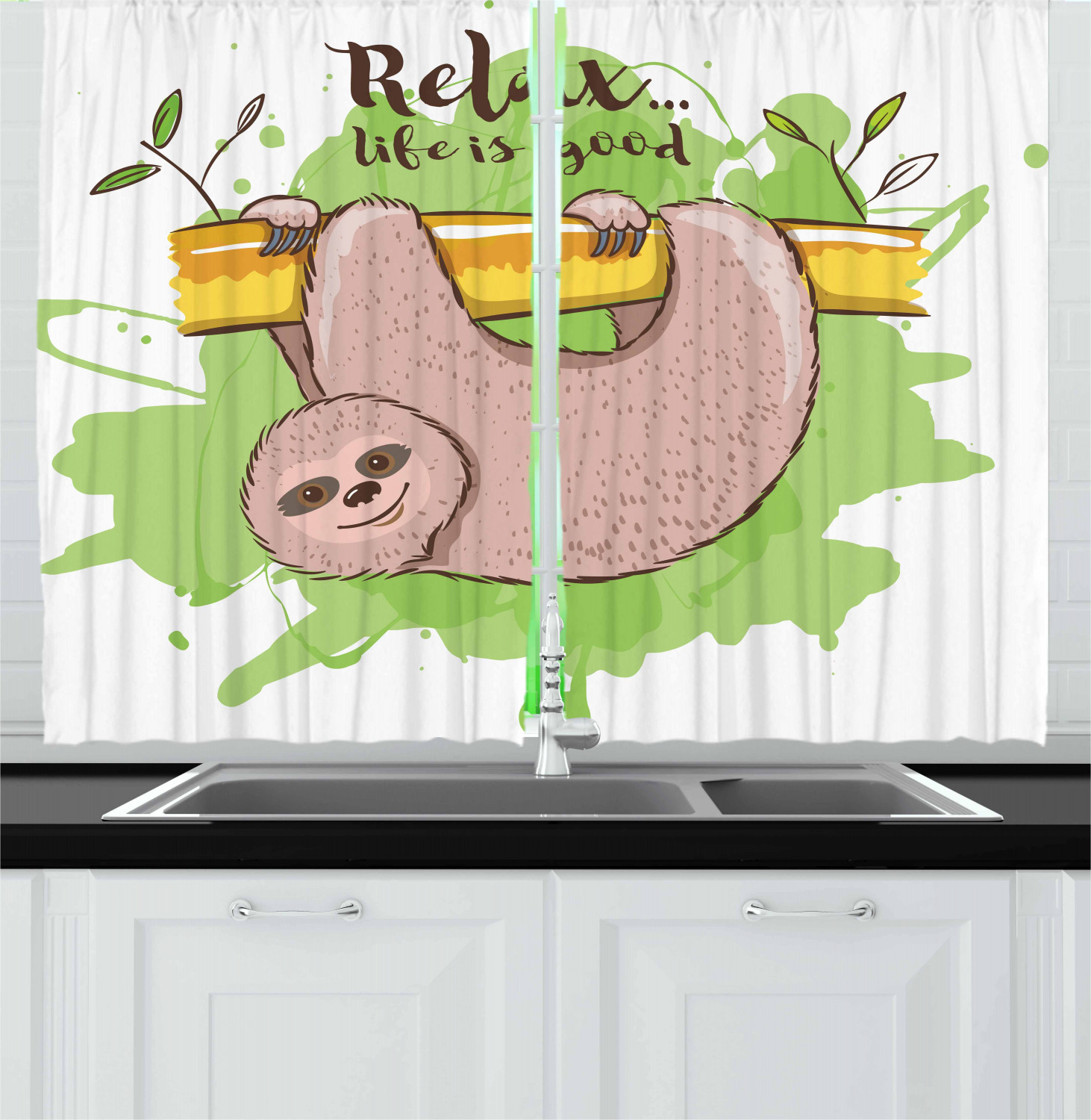 Sloth Kitchen Curtains 2 Panel Set Window Drapes 55" X 39" Ambesonne - Picture 20 of 28