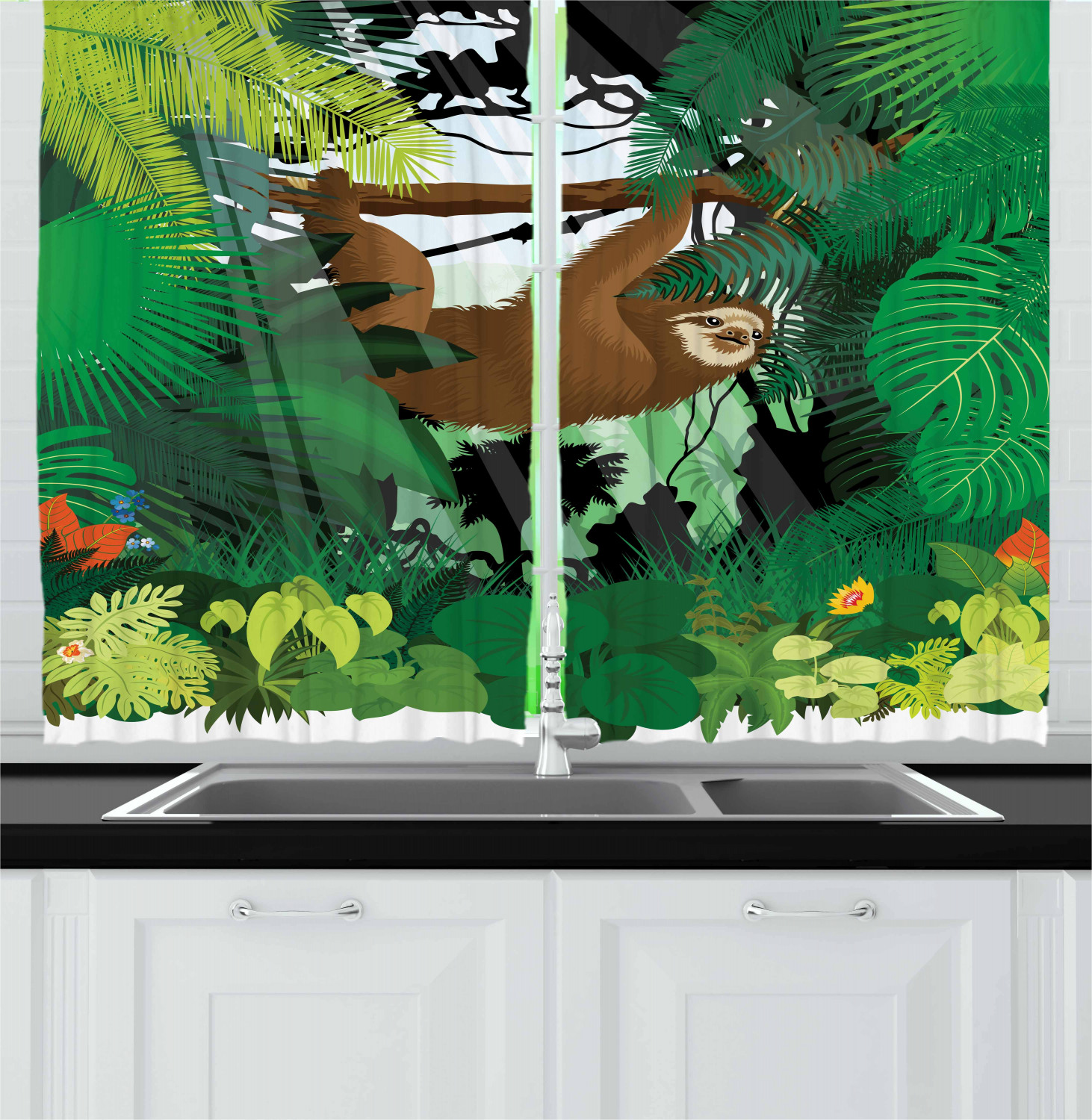 Sloth Kitchen Curtains 2 Panel Set Window Drapes 55" X 39" Ambesonne - Picture 8 of 28