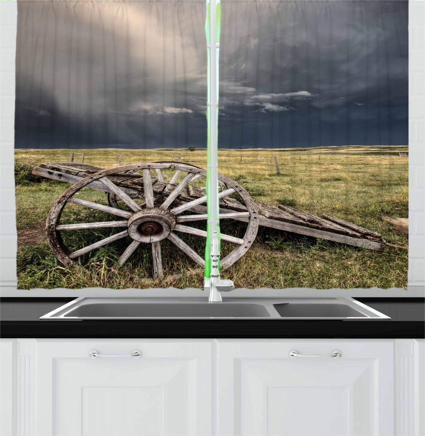 Barn Wood Wagon Wheels Kitchen Curtains 2 Panel Set Window Drapes 55" X 39"