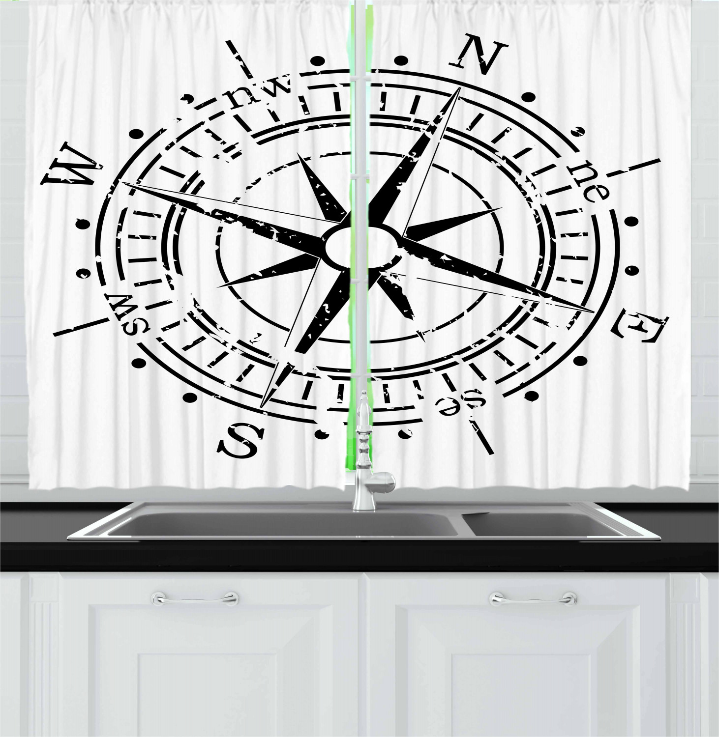 Grunge Compass Kitchen Curtains 2 Panel Set Window Drapes 55" X 39" 