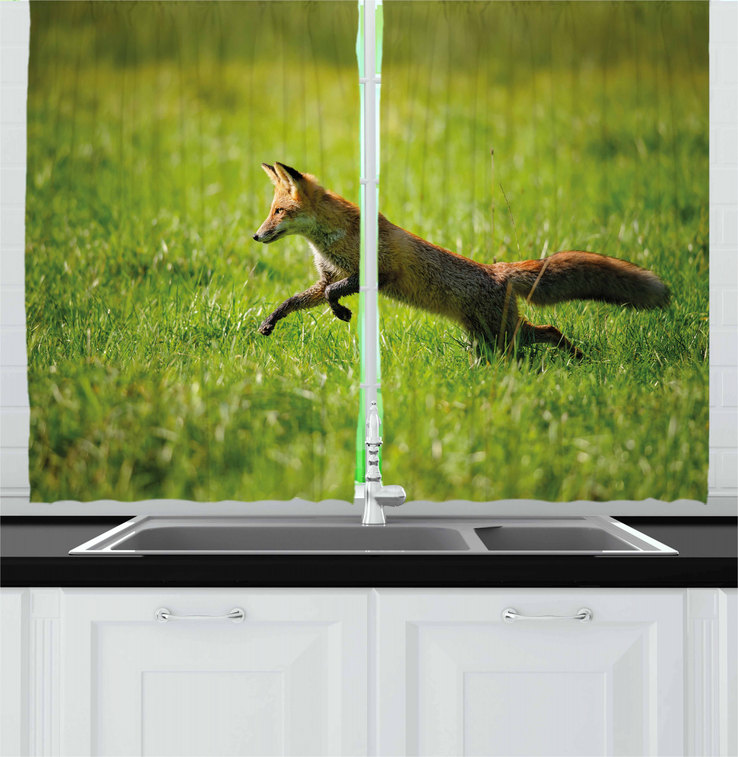 Woodland Fox Kitchen Curtains 2 Panel Set Window Drapes 55" X 39" Ambesonne 