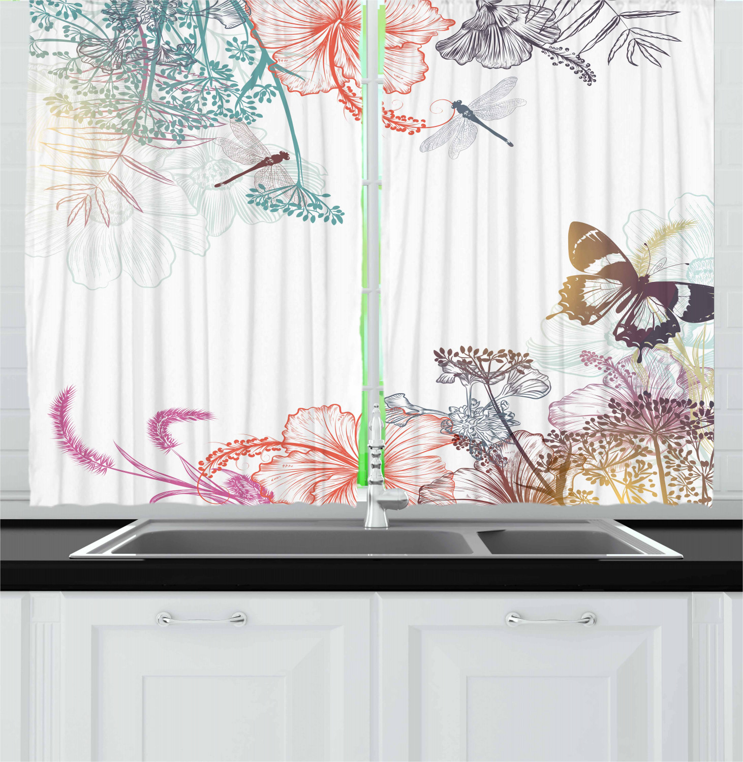 Flying Dragonfly Kitchen Curtains 2 Panel Set Window Drapes 55" X 39