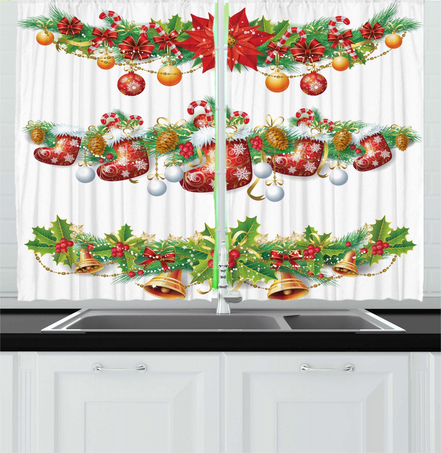 Christmas Season Kitchen Curtains 2 Panel Set Window Drapes 55" X 39