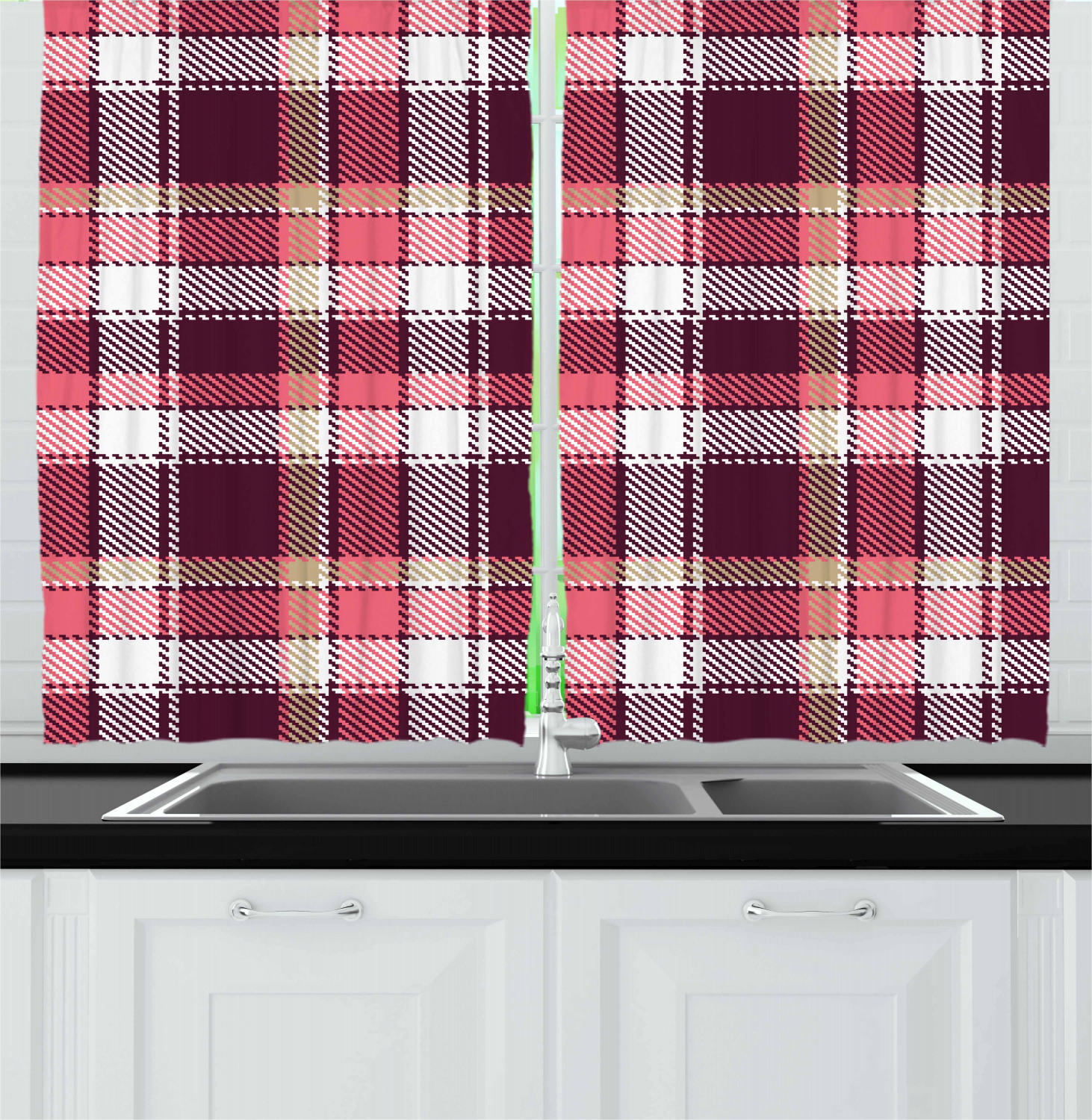 Retro Checkered Kitchen Curtains 2 Panel Set Window Drapes 55" X 39" Ambesonne 