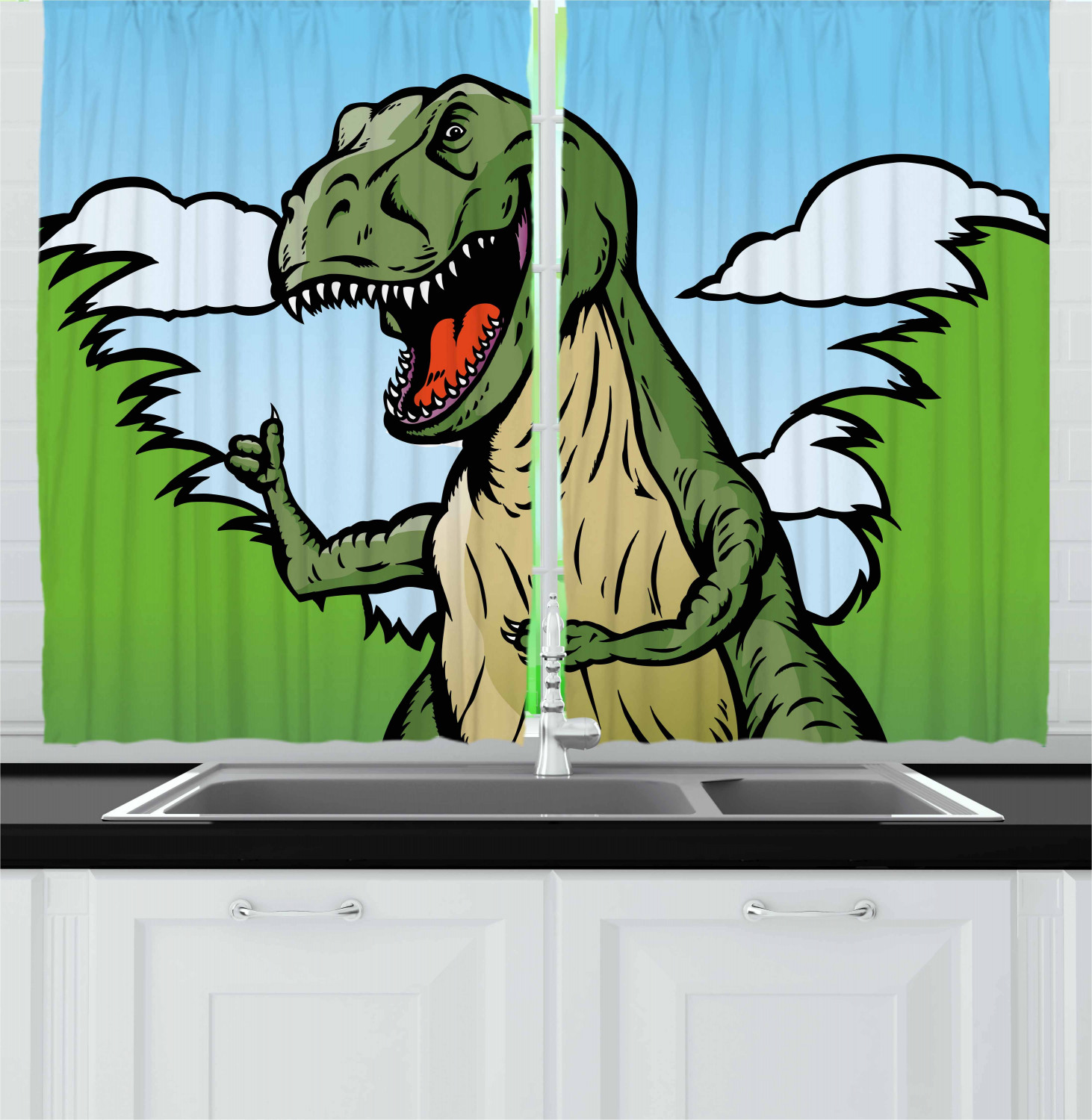 Dinosaur Kitchen Curtains 2 Panel Set Window Drapes 55" X 39" Ambesonne