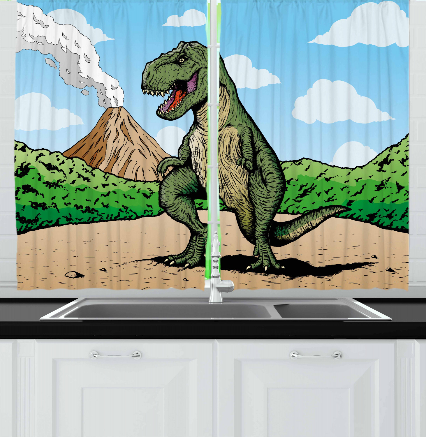 Dinosaur Kitchen Curtains 2 Panel Set Window Drapes 55" X 39" Ambesonne