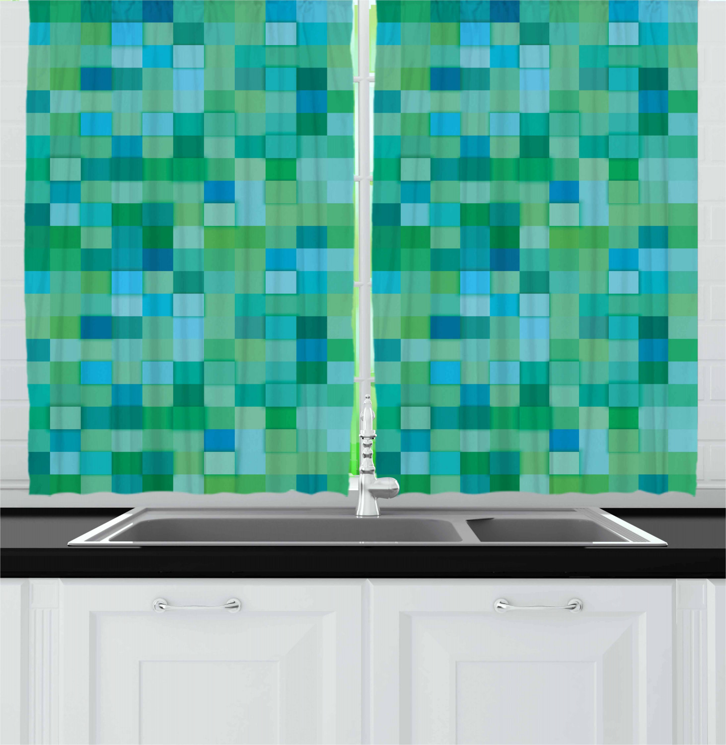 Teal Kitchen Curtains 2 Panel Set Window Drapes 55 X 39 Ambesonne EBay   Kc 43051 