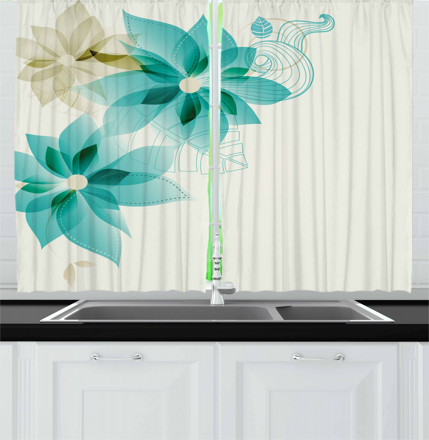 Teal Kitchen Curtains 2 Panel Set Window Drapes 55 X 39 Ambesonne EBay   Kc 43054 