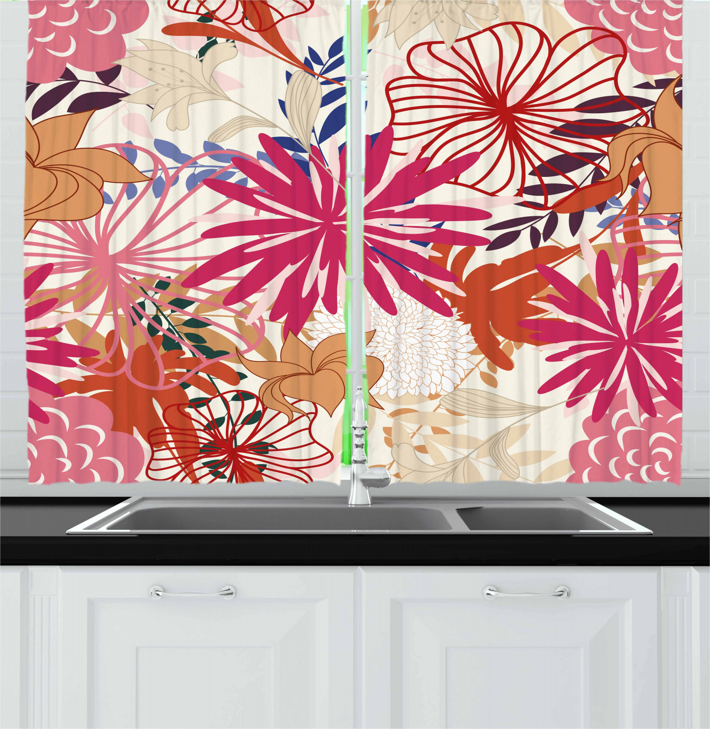 Flowers in Bloom Kitchen Curtains 2 Panel Set Window Drapes 55