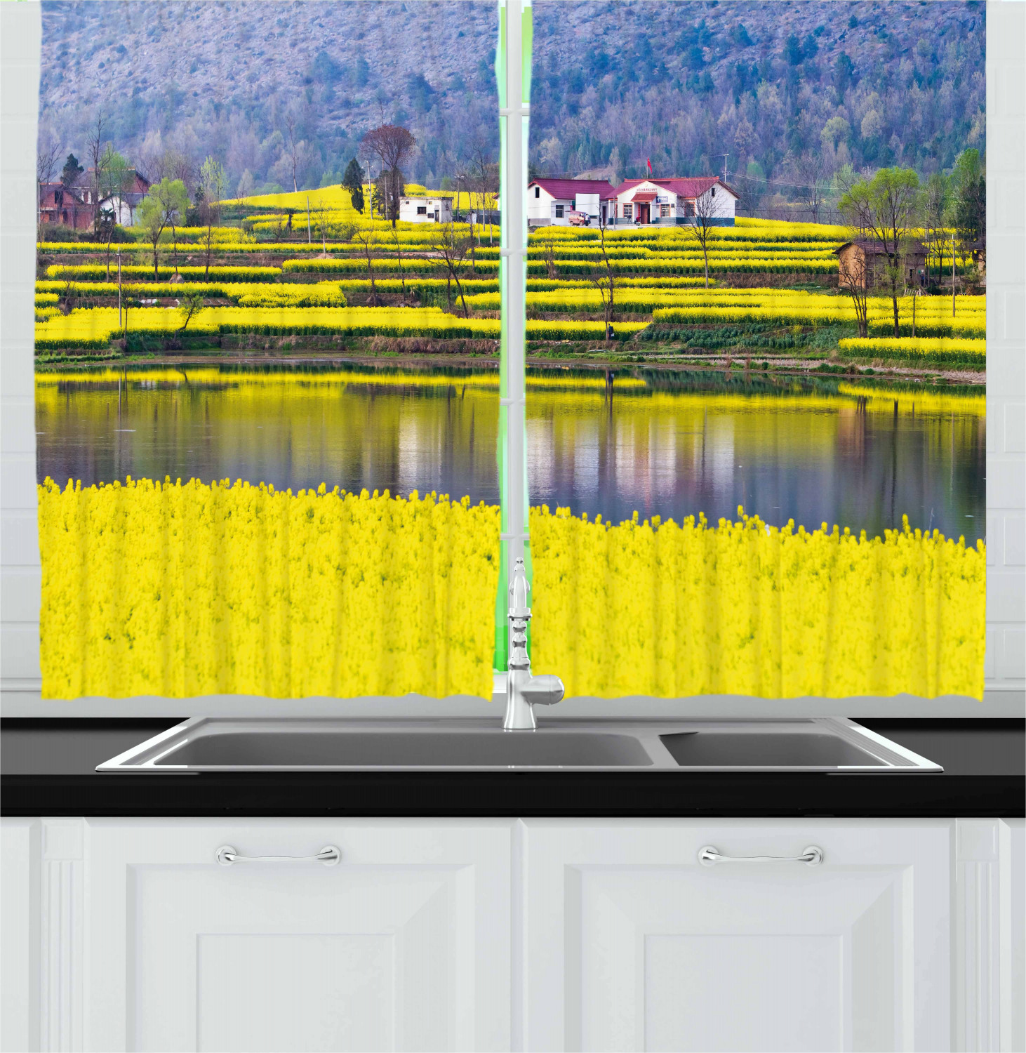 Yellow Flower Kitchen Curtains 2 Panel Set Window Drapes 55" X 39