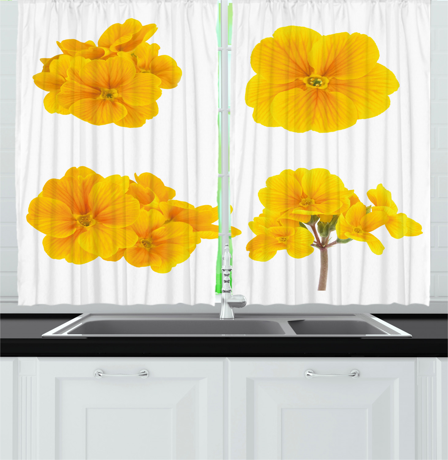 Yellow Flower Kitchen Curtains 2 Panel Set Window Drapes 55" X 39" Ambesonne 