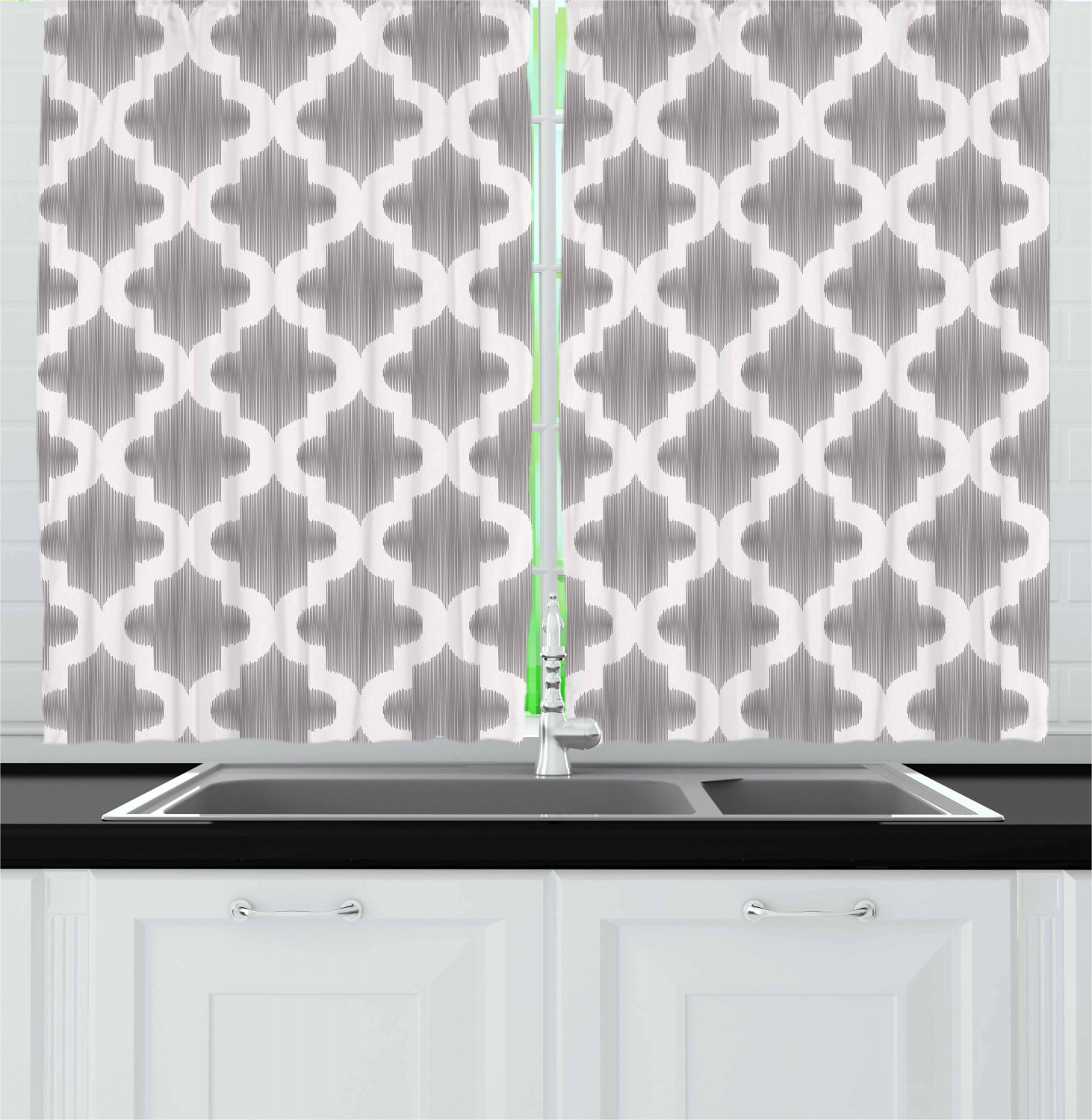 Grey and White Kitchen Curtains 2 Panel Set Window Drapes 55" X 39" by
