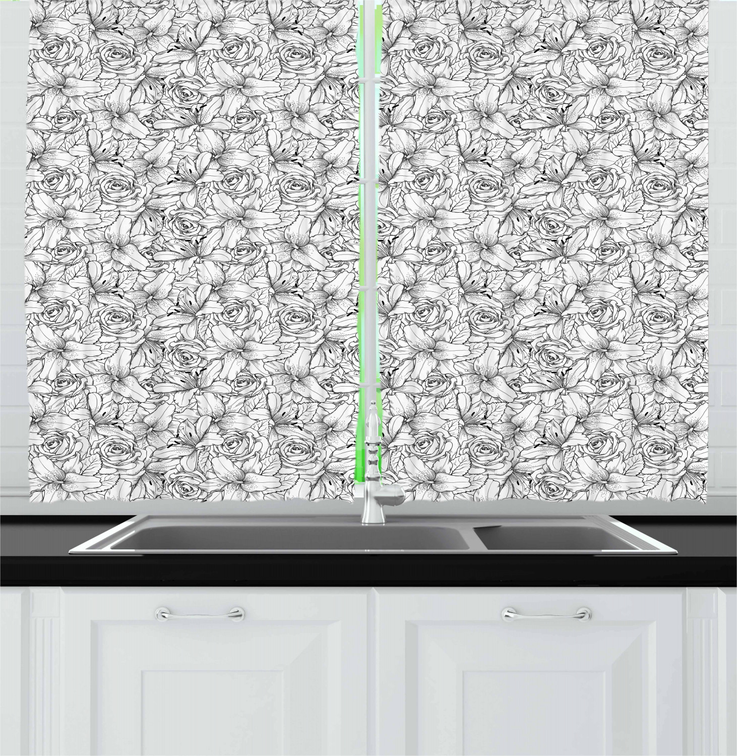 Grey And White Kitchen Curtains 2 Panel Set Window Drapes 55 X 39