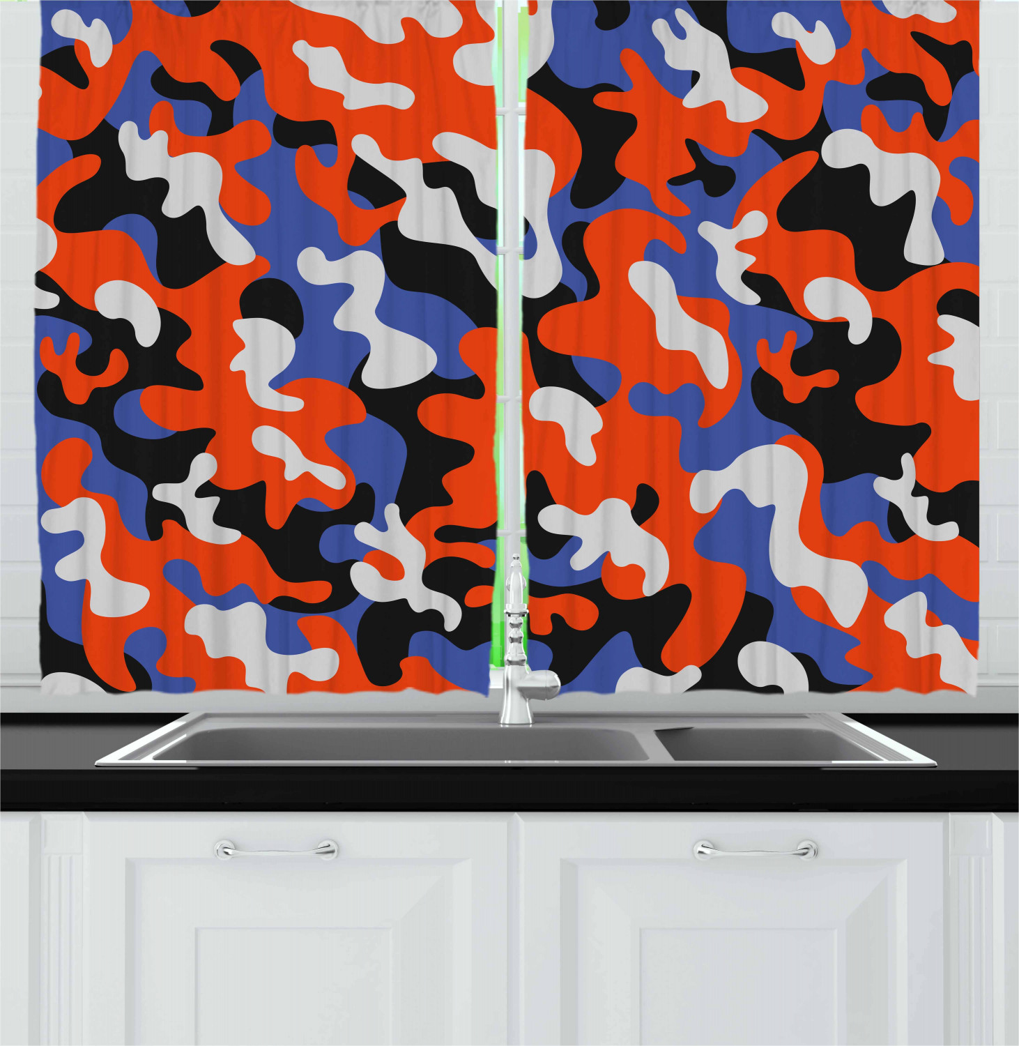 Camouflage Kitchen Curtains 2 Panel Set Window Drapes 55" X 39" by Ambesonne - Picture 2 of 16