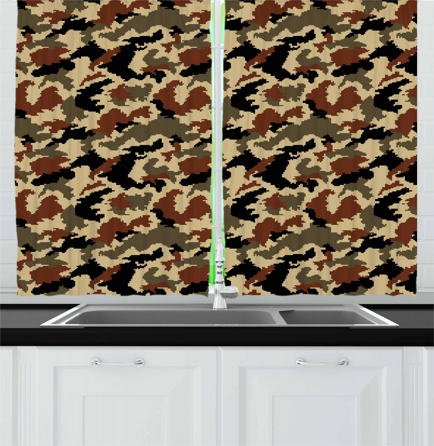 Camouflage Kitchen Curtains 2 Panel Set Window Drapes 55" X 39" by Ambesonne - Picture 13 of 16