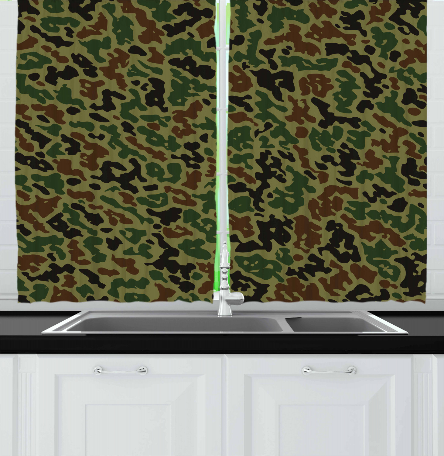 Camouflage Kitchen Curtains 2 Panel Set Window Drapes 55" X 39" by Ambesonne - Picture 8 of 16