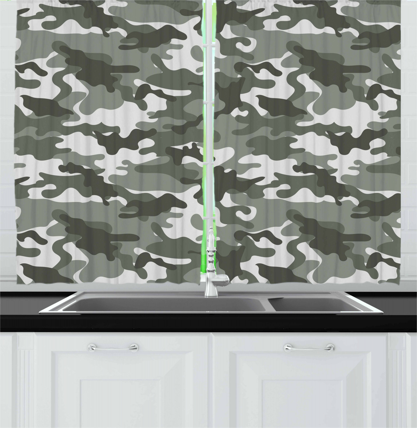 Camouflage Kitchen Curtains 2 Panel Set Window Drapes 55" X 39" by Ambesonne - Picture 9 of 16