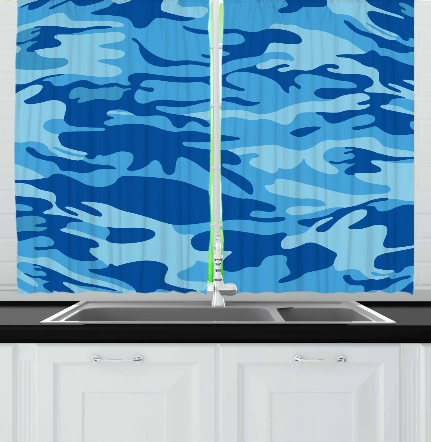 Camouflage Kitchen Curtains 2 Panel Set Window Drapes 55" X 39" by Ambesonne - Picture 3 of 16