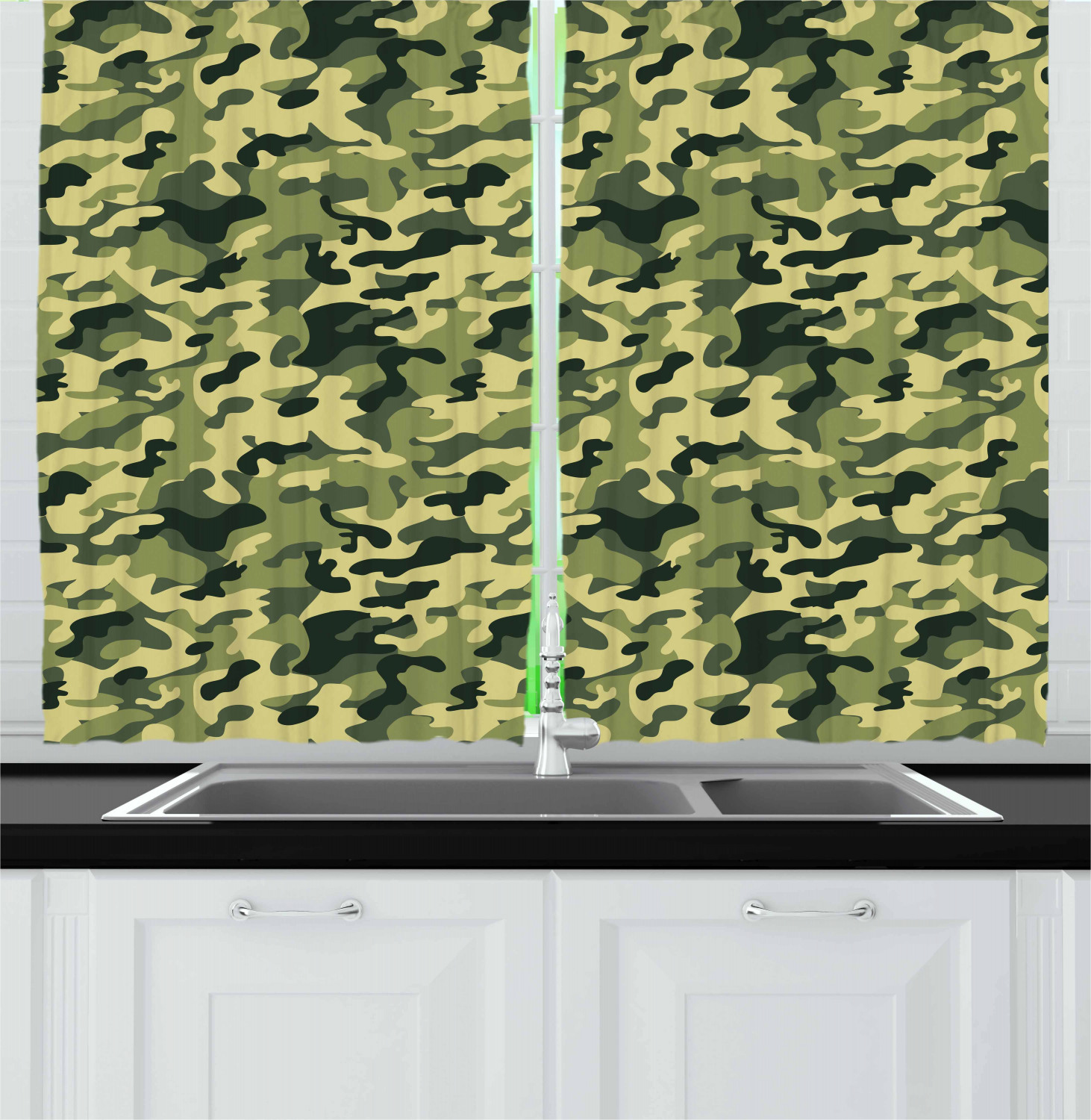 Camouflage Kitchen Curtains 2 Panel Set Window Drapes 55" X 39" by Ambesonne - Picture 12 of 16