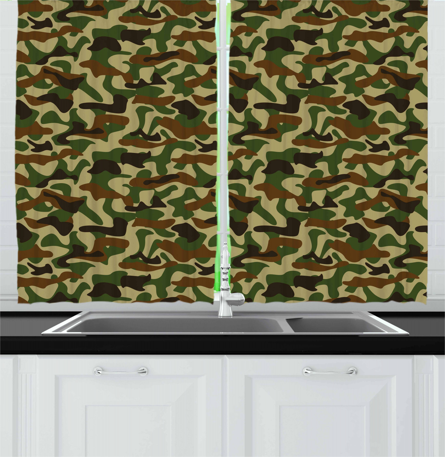Camouflage Kitchen Curtains 2 Panel Set Window Drapes 55" X 39" by Ambesonne - Picture 11 of 16