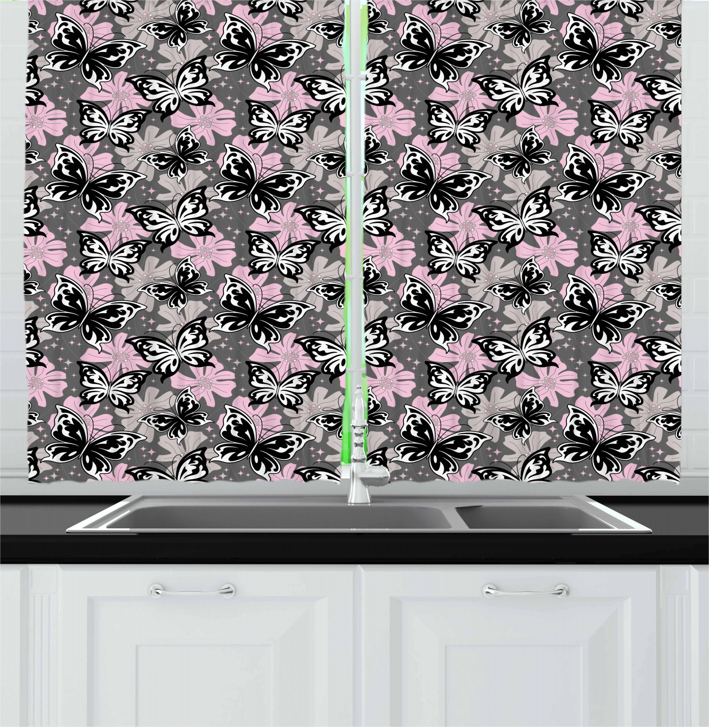 Butterfly Kitchen Curtains 2 Panel Set Window Drapes 55" X 39" by Ambesonne - Picture 9 of 16