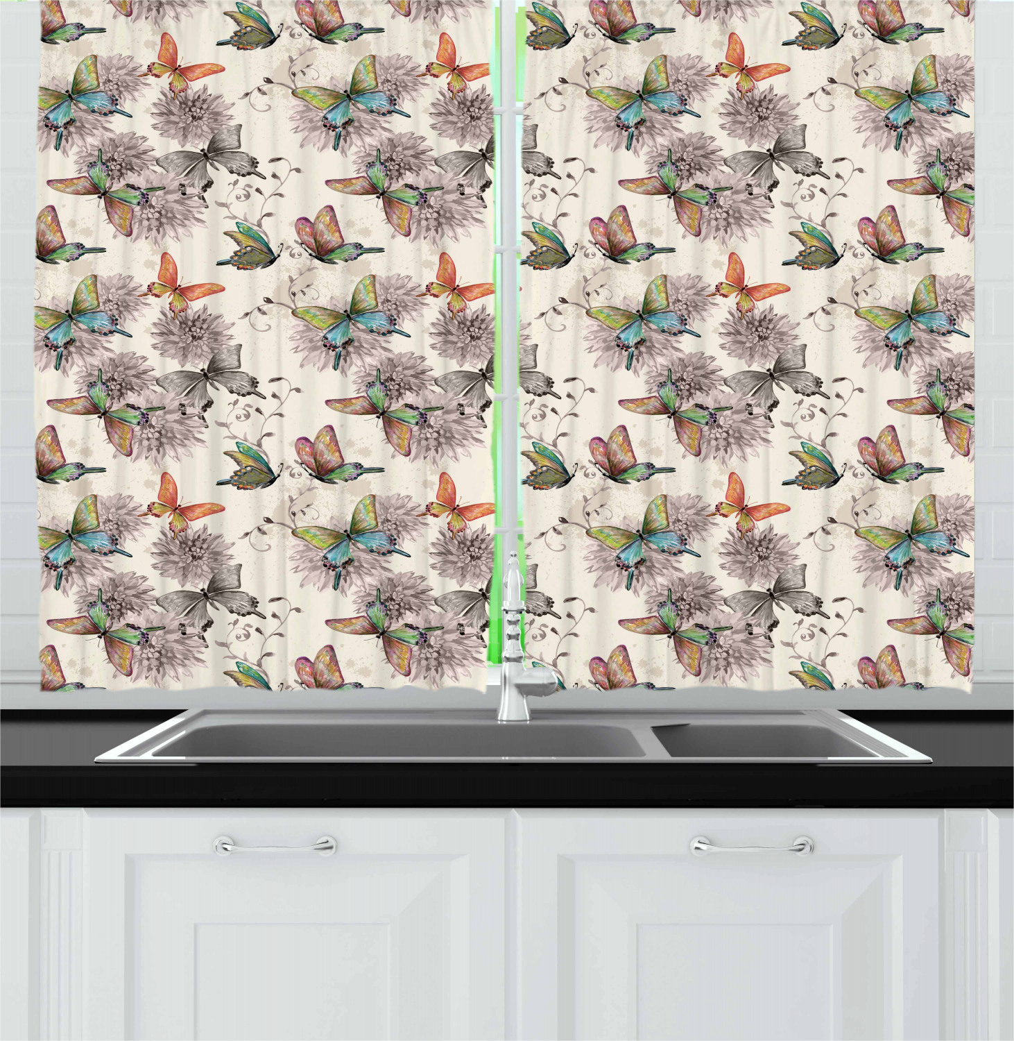 Butterfly Kitchen Curtains 2 Panel Set Window Drapes 55" X 39" by Ambesonne - Picture 10 of 16