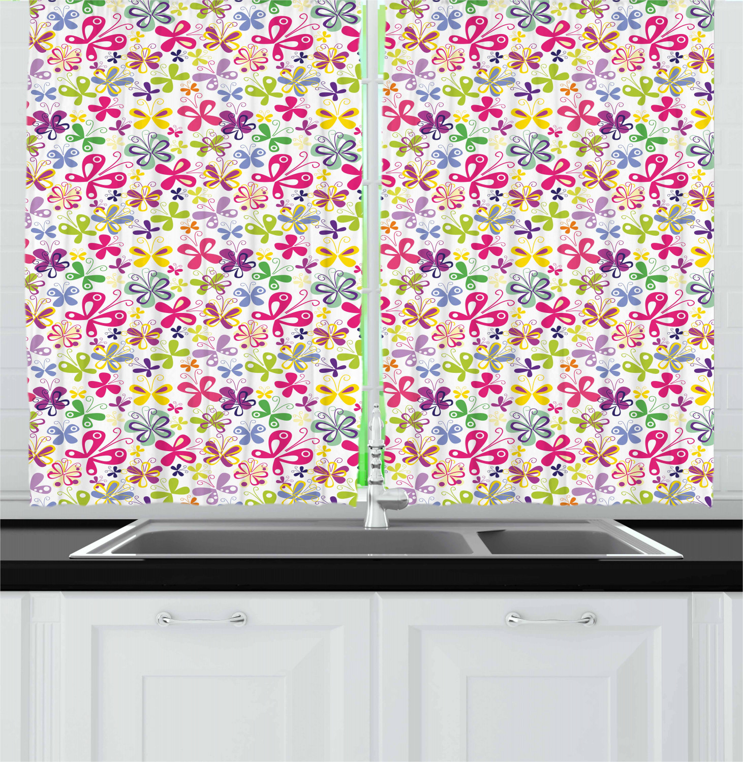 Butterfly Kitchen Curtains 2 Panel Set Window Drapes 55" X 39" by Ambesonne - Picture 12 of 16