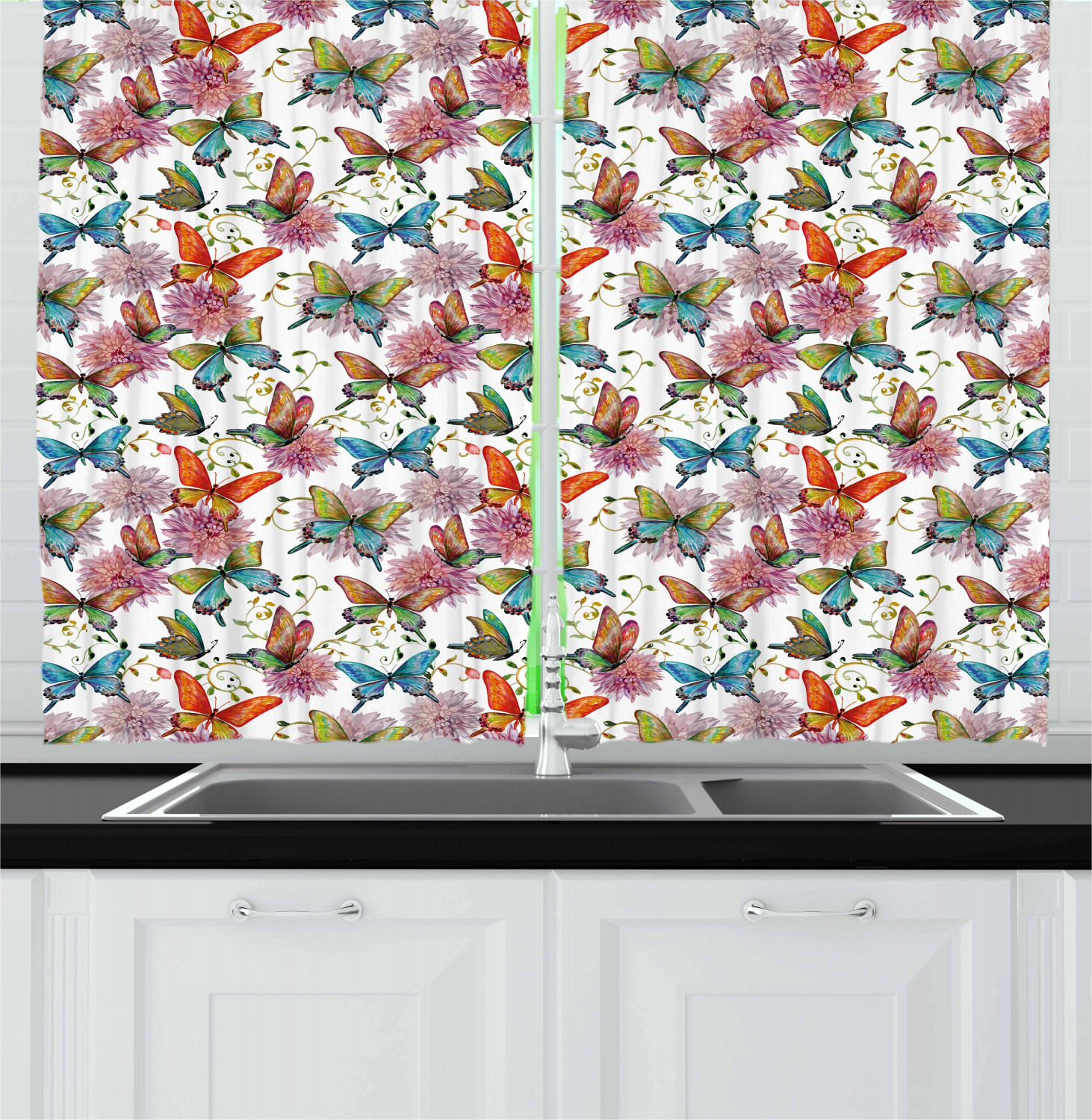 Butterfly Kitchen Curtains 2 Panel Set Window Drapes 55" X 39" by Ambesonne - Picture 4 of 16