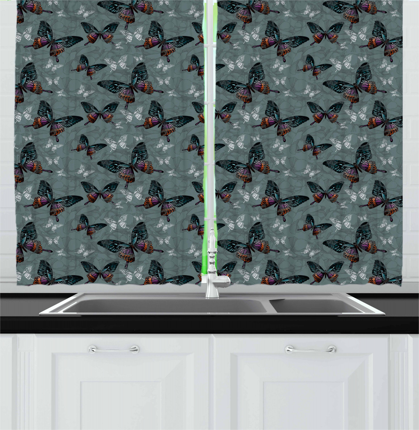 Butterfly Kitchen Curtains 2 Panel Set Window Drapes 55" X 39" by Ambesonne - Picture 2 of 16