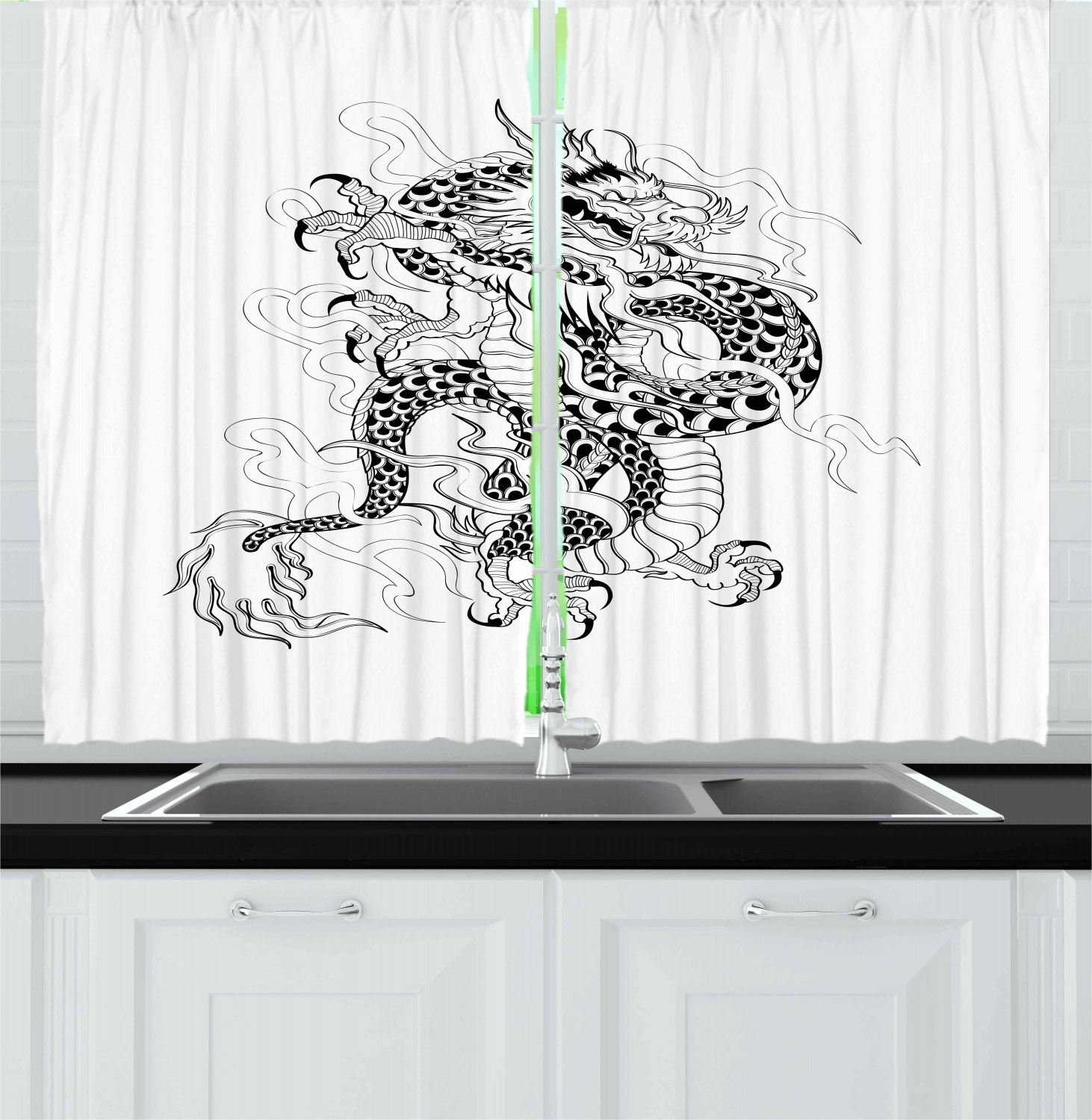 Japanese Dragon Kitchen Curtains 2 Panel Set Window Drapes 55" X 39" Ambesonne 
