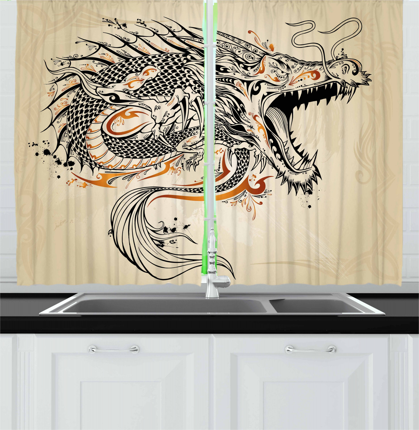 Japanese Dragon Kitchen Curtains 2 Panel Set Window Drapes 55" X 39