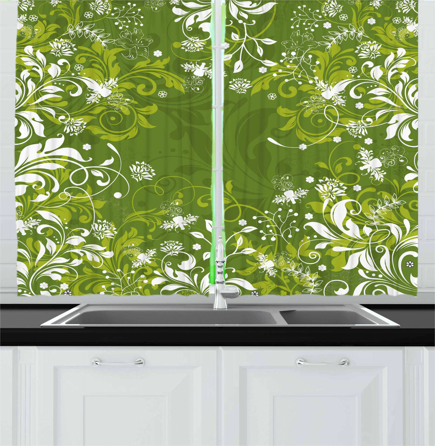 Green Kitchen Curtains 2 Panel Home Window Drapes 55" X 39" Ambesonne - Picture 8 of 23