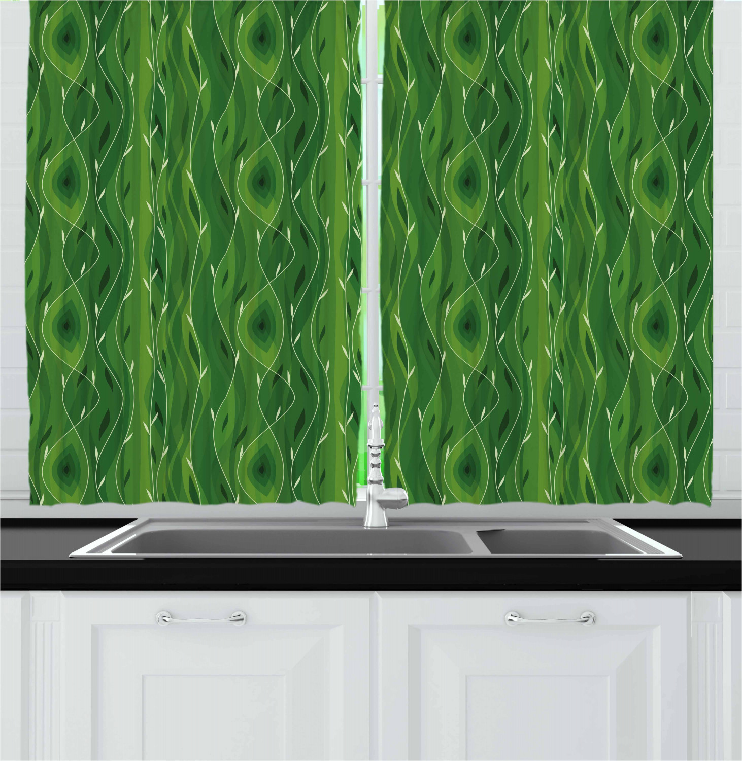 Green Kitchen Curtains 2 Panel Home Window Drapes 55" X 39" Ambesonne - Picture 23 of 23
